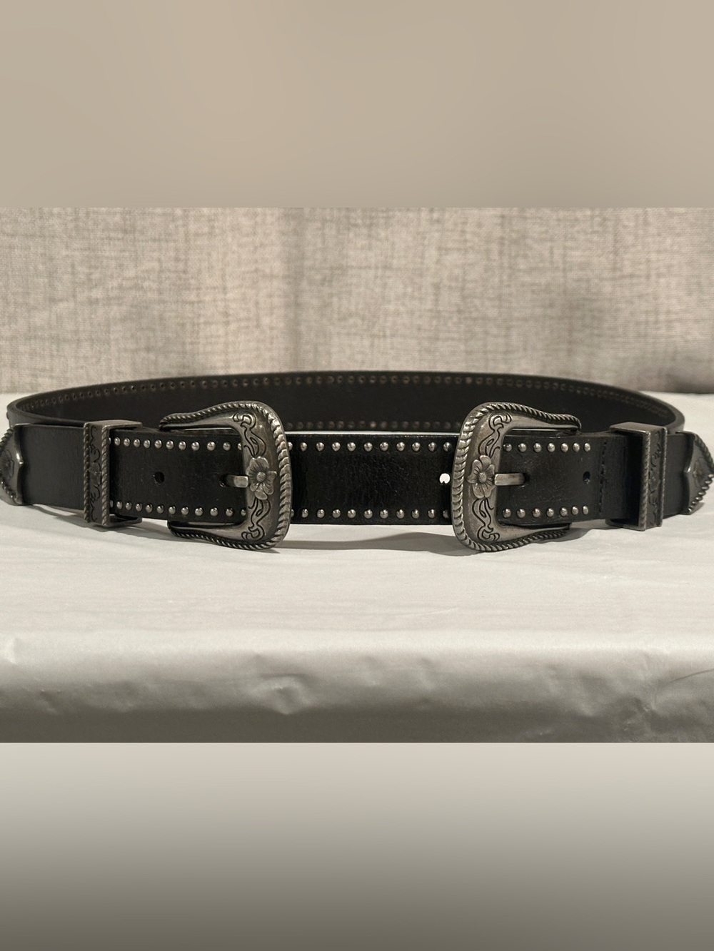 Genuine Leather Western Belt Engraved Silver-Tone Buckle Black Size 32 NWOT
